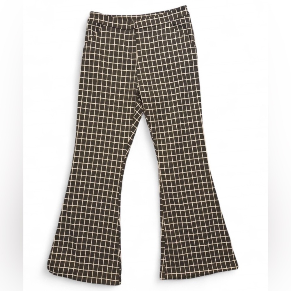Umgee 90s Y2K Checkered Print Flare Leg Stretchy Pants Size Small Dark Gray